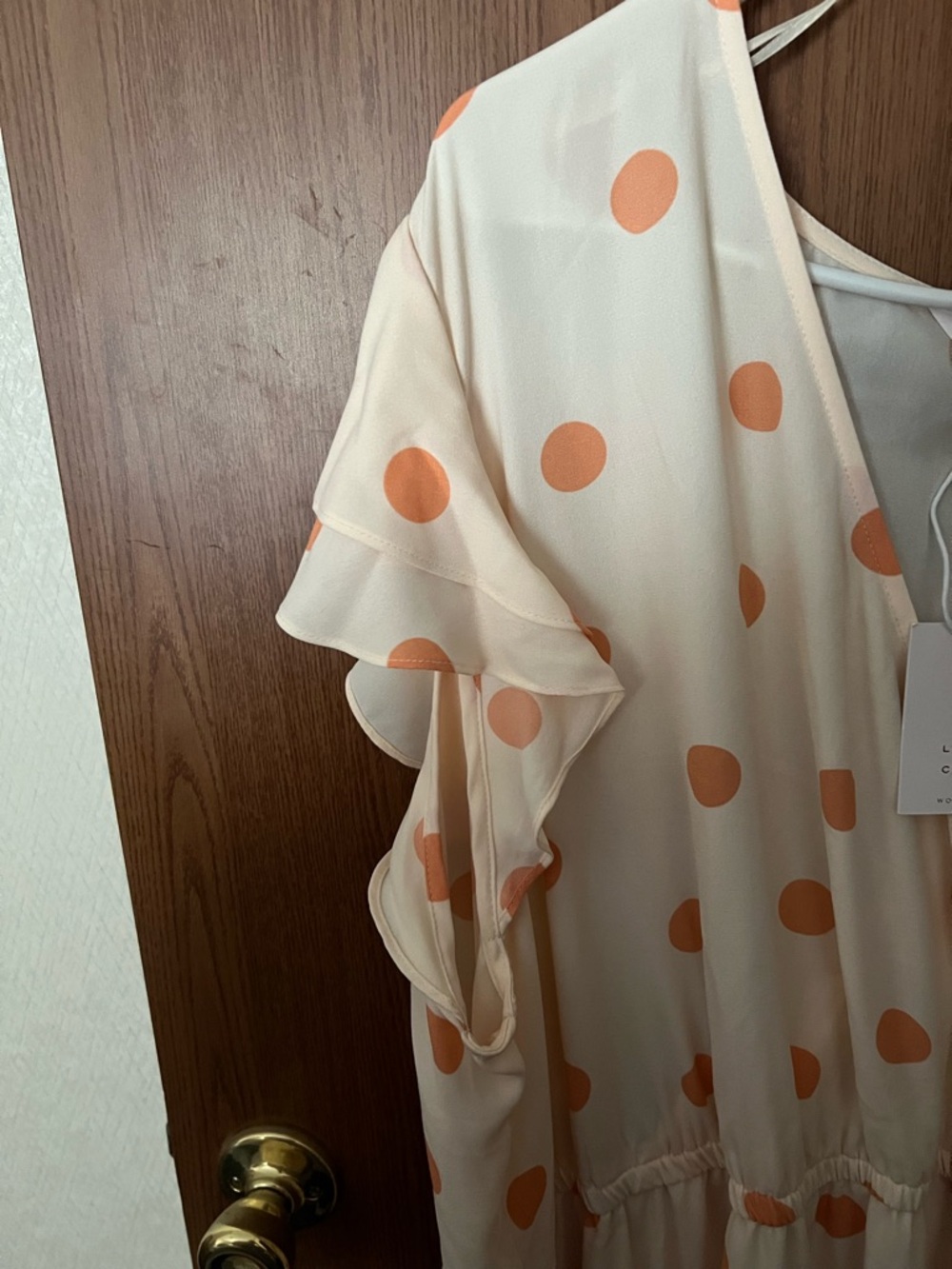 NWT Lauren Conrad Flutter Peach/Orange Polka Dot Faux Wrap Midi Dress Size 4x - Picture 3 of 4